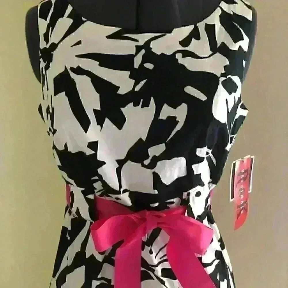vtg R & K deadstock black and white flowers pink sachet dress labeled womens 6 - Picture 4 of 7